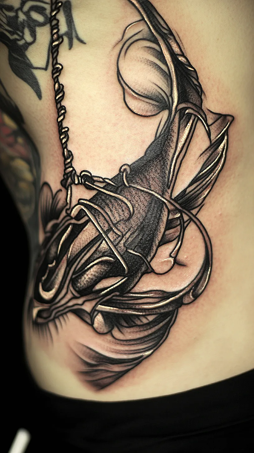 20+ Trendy Fisherman Aesthetic Tattoos Ideas You Need to Try This Year 4 Alt-Text: An intricate and abstract tattoo design reminiscent of organic forms with detailed shading and line work. The design includes elements that resemble hooks or ropes, adding a sense of movement. The complexity of the design gives it an ever-changing and undefined quality.