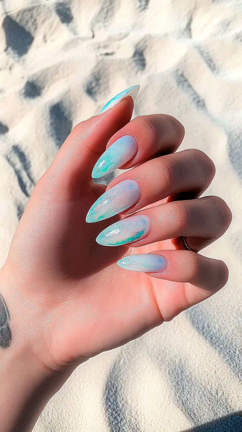 25+ Aesthetic Sea Witchery Nails You Will Adore 29 Close-up image of nails with a blue and white ombre design, resembling the ocean, with shimmery details and a glossy finish against a sandy background.