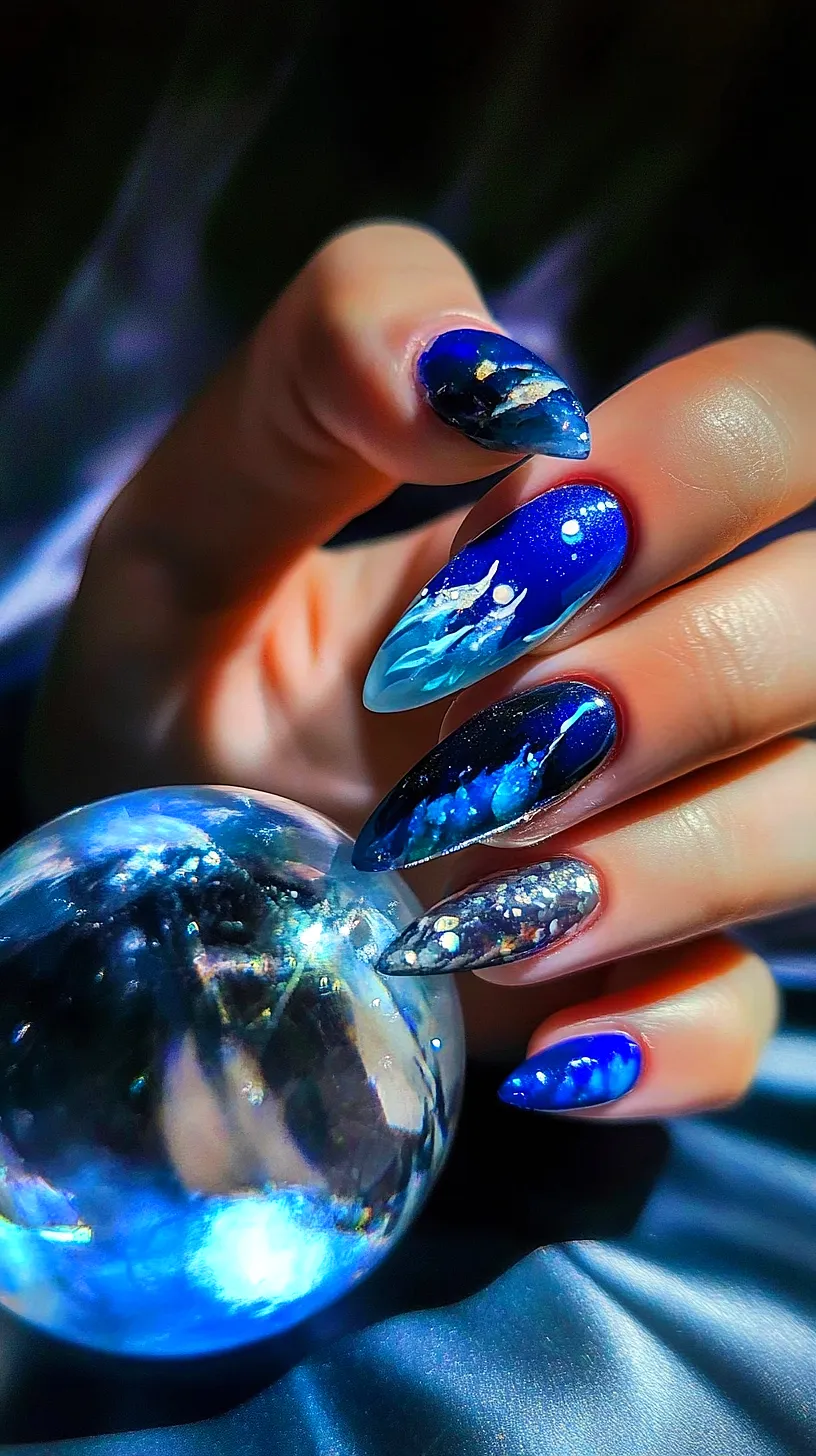 25+ Aesthetic Sea Witchery Nails You Will Adore 5 Galaxy-themed nail art featuring deep blues and blacks with sparkly star details and a marbled effect. A reflective glass orb enhances the celestial vibe, creating an impression of holding the universe in ones hand.