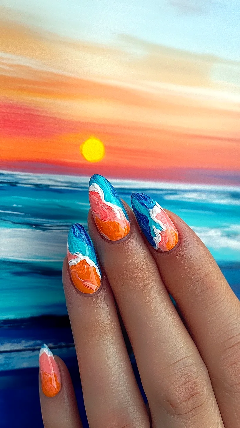 25+ Aesthetic Sea Witchery Nails You Will Adore 15 Image of a hand showcasing beach sunset-inspired nail art with vibrant colors of blue, orange, white, and pink that depict waves and a sunset sky, complementing a painted ocean and sunset background.