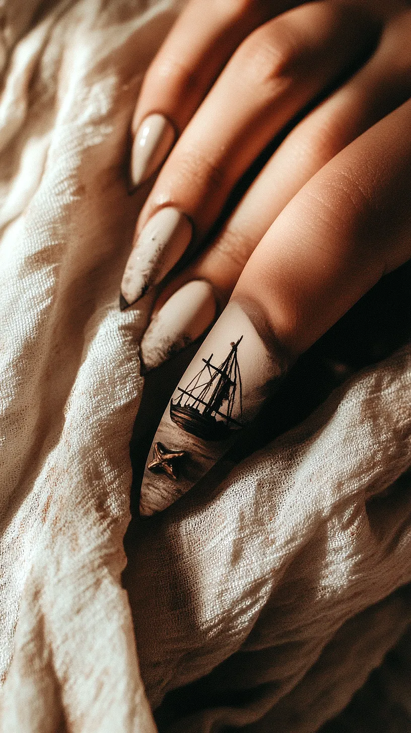 25+ Aesthetic Sea Witchery Nails You Will Adore 21 Image of breathtaking nail art featuring a detailed ship design on one nail, with a unique matte finish and elegant almond shape.