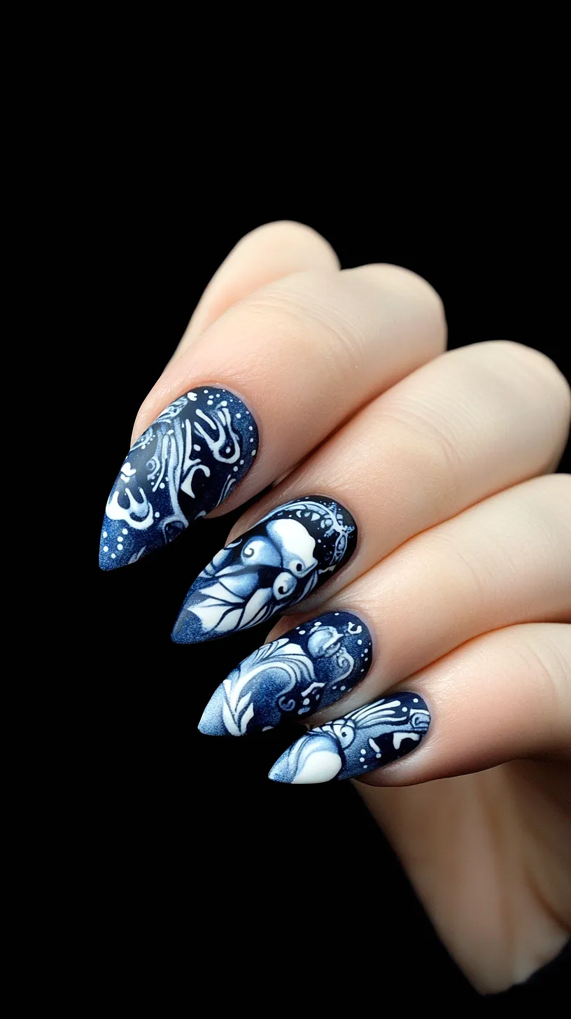25+ Aesthetic Sea Witchery Nails You Will Adore 8 Close-up image of a unique and artistic nail art design featuring intricate patterns of navy blue and white abstract swirls, presenting a creative and non-traditional manicure style.