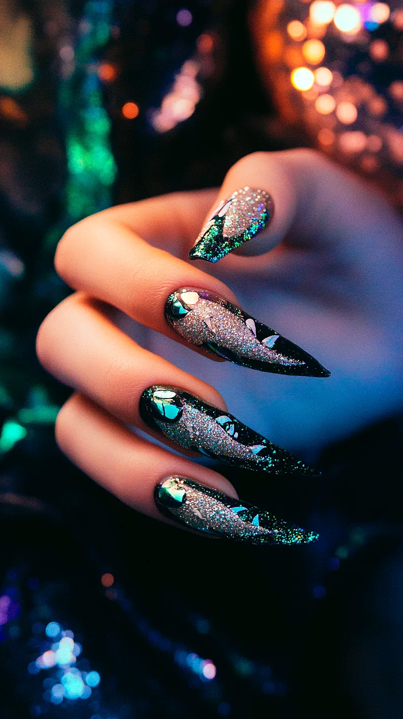 25+ Aesthetic Sea Witchery Nails You Will Adore 26 Image of long, pointed nails with a glittery, shimmering nail art design in dark and metallic colors, set against a colorful bokeh background, representing an edgy and chic style.