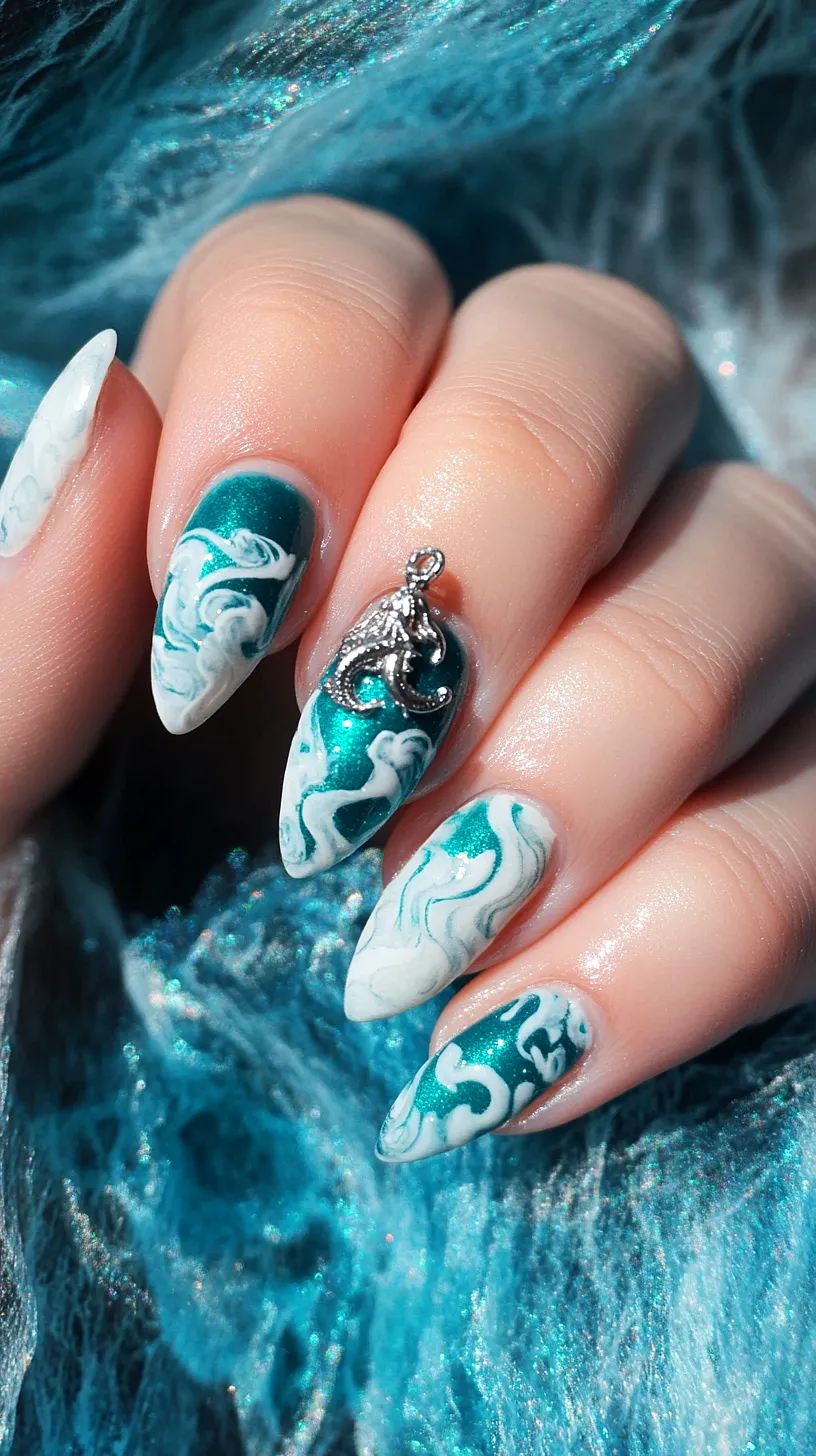 25+ Aesthetic Sea Witchery Nails You Will Adore 10 An image showcasing an intricate nail art design featuring a turquoise and white marble pattern, adorned with a silver octopus charm. The design is set against a textured blue fabric background, highlighting its unique and artistic style.