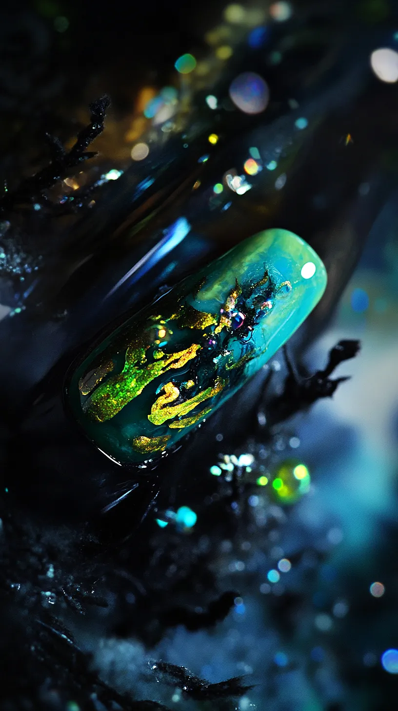 25+ Aesthetic Sea Witchery Nails You Will Adore 17 Image of a nail art design featuring vibrant, swirling colors with glittery accents, embodying glamour and creativity.