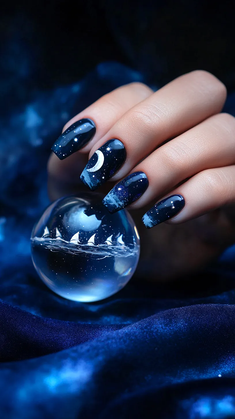25+ Aesthetic Sea Witchery Nails You Will Adore 4 Close-up image of a hand showcasing starry night-themed nail art with dark blue nails speckled with twinkling stars and a crescent moon. The hand is holding a clear glass sphere that reflects the same celestial pattern. The background is a dark blue fabric, enhancing the cosmic vibe.