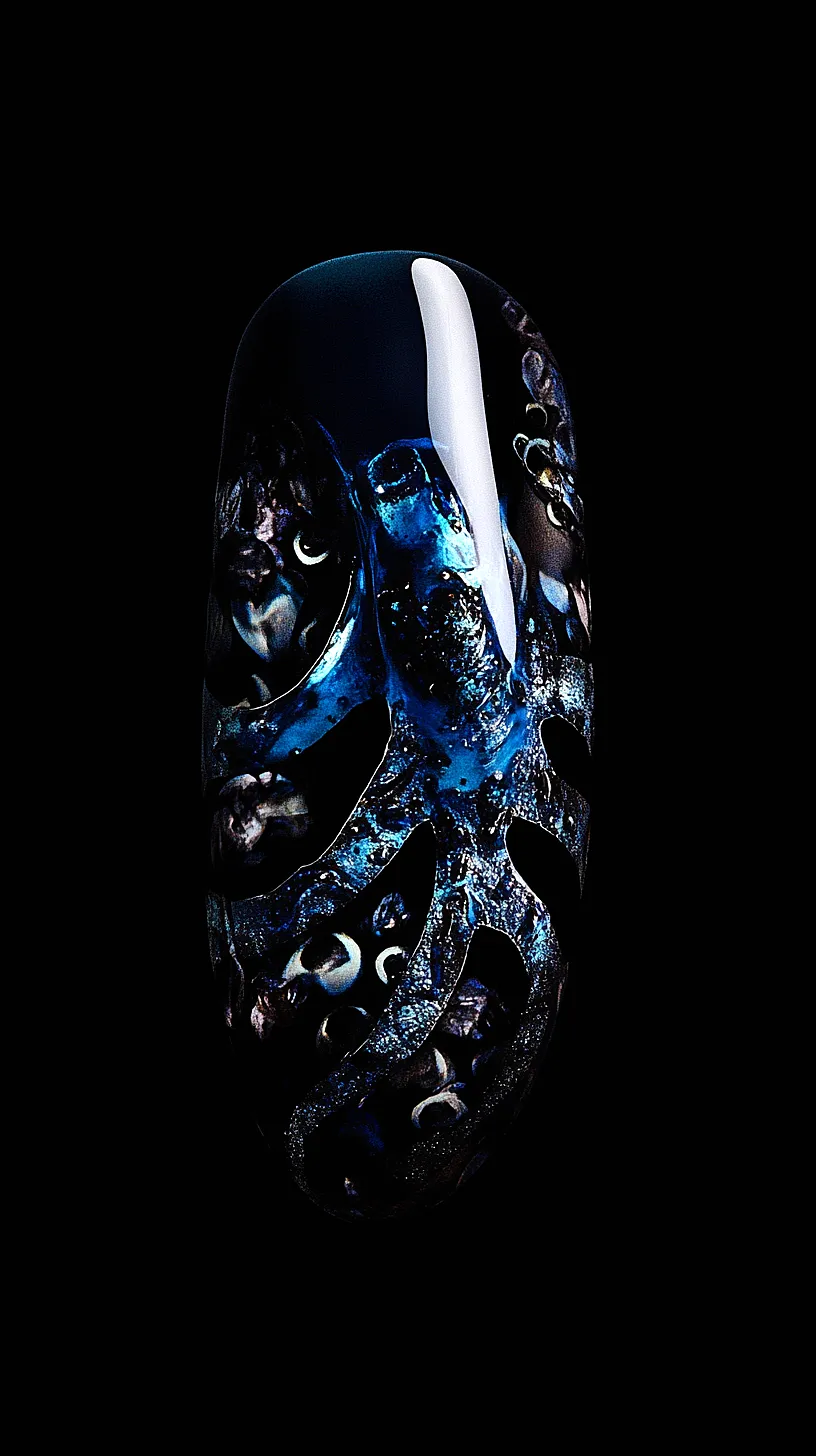 25+ Aesthetic Sea Witchery Nails You Will Adore 6 Image of unique nail art design featuring abstract cosmic patterns in dark and blue shades, representing a persons unique personality and love for the universe.