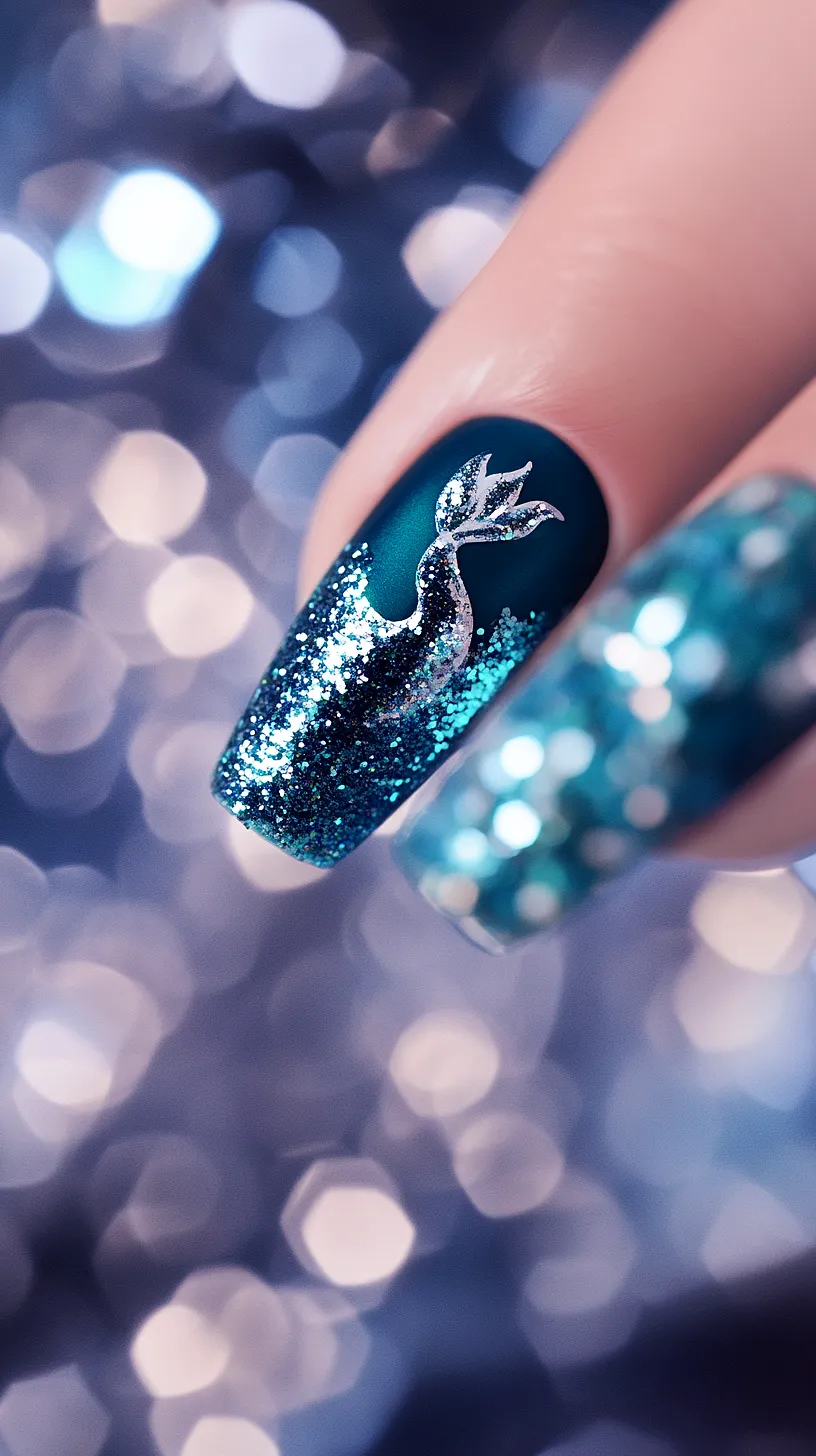 25+ Aesthetic Sea Witchery Nails You Will Adore 25 Image of a nail art design inspired by a mermaid theme, featuring a teal base color with a glitter gradient. A unique metallic mermaid pattern adds an elegant touch. The nail art is highlighted against a blurred, bokeh-effect background.