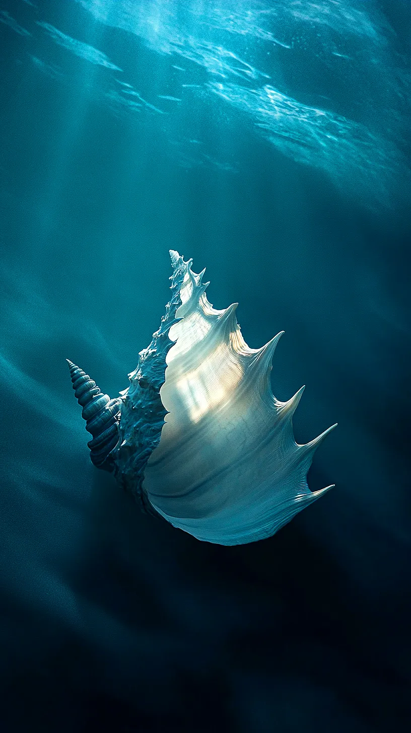 20+ Sea Witchery Villain Era Aesthetic Ideas You Need to Try 2025 16 Underwater image of a detailed, spiral-shaped seashell reflecting filtered light, creating a mystical and serene ambiance suggestive of the oceans mystery.