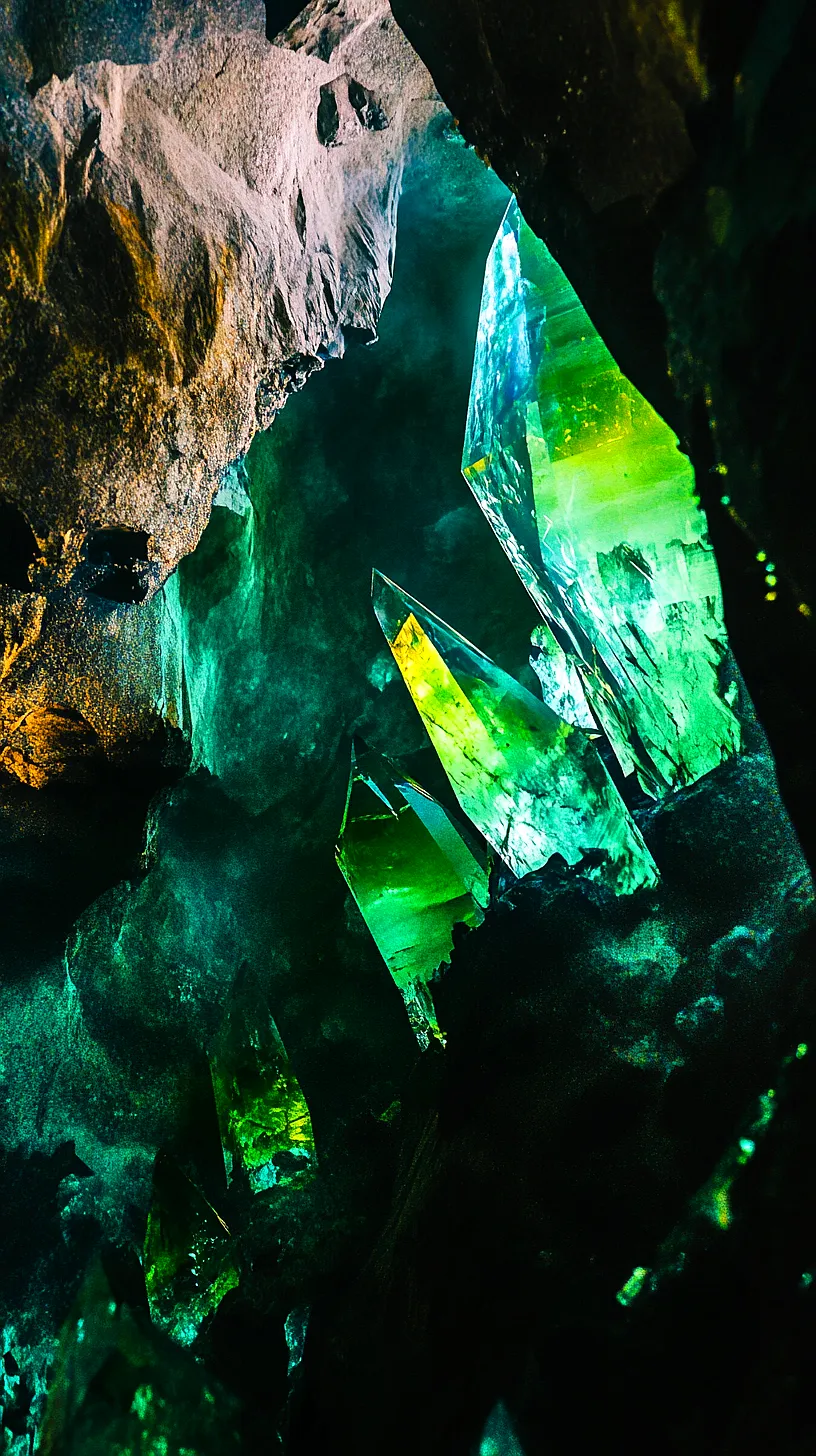 20+ Sea Witchery Villain Era Aesthetic Ideas You Need to Try 2025 7 Large, green glowing crystals embedded in a dark cave, creating a striking contrast and a mystical atmosphere.
