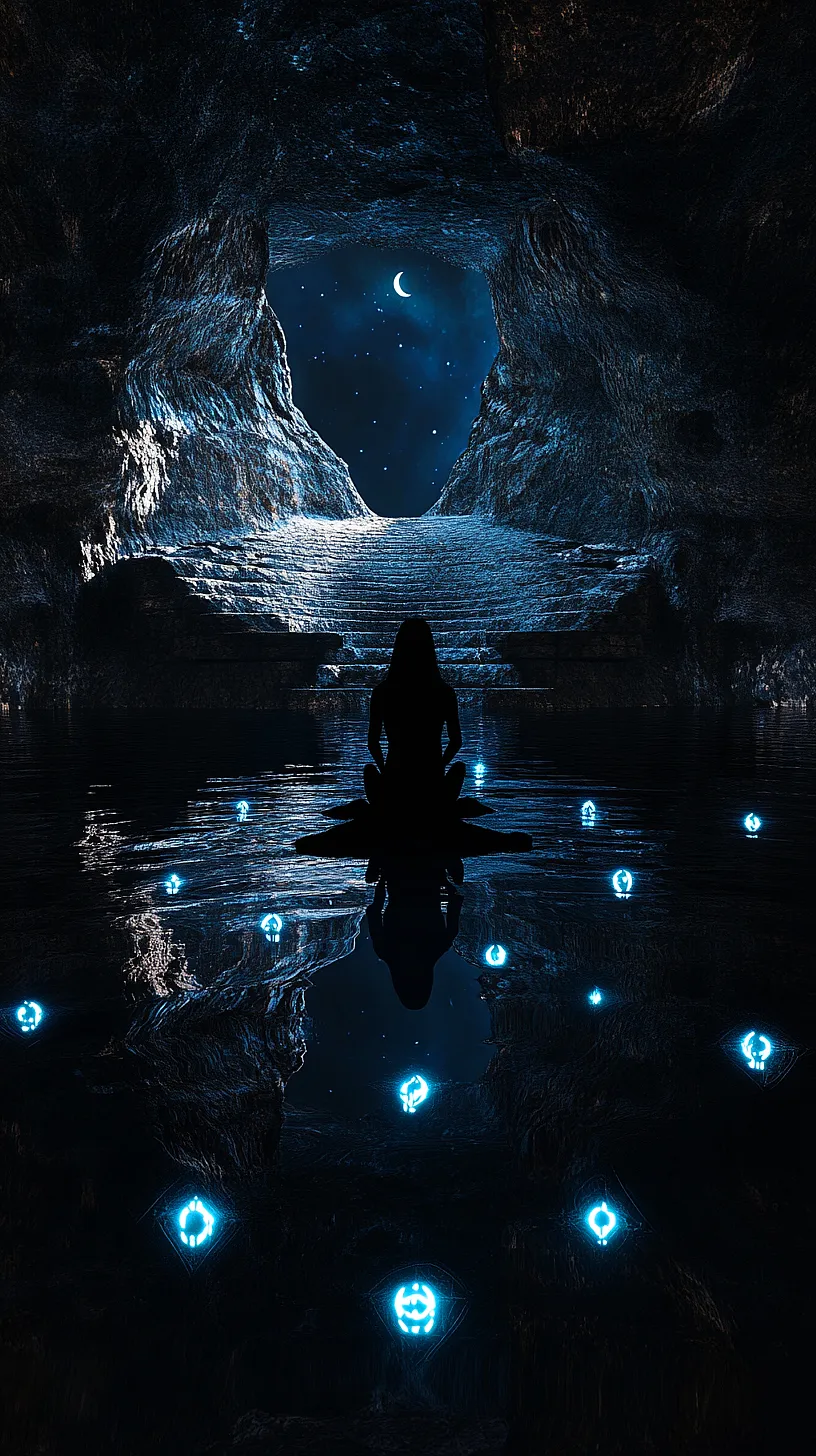 20+ Sea Witchery Villain Era Aesthetic Ideas You Need to Try 2025 9 A person meditating in a mystical cave filled with glowing, undefined symbols under a moonlit, starry sky, creating an enigmatic and serene atmosphere.