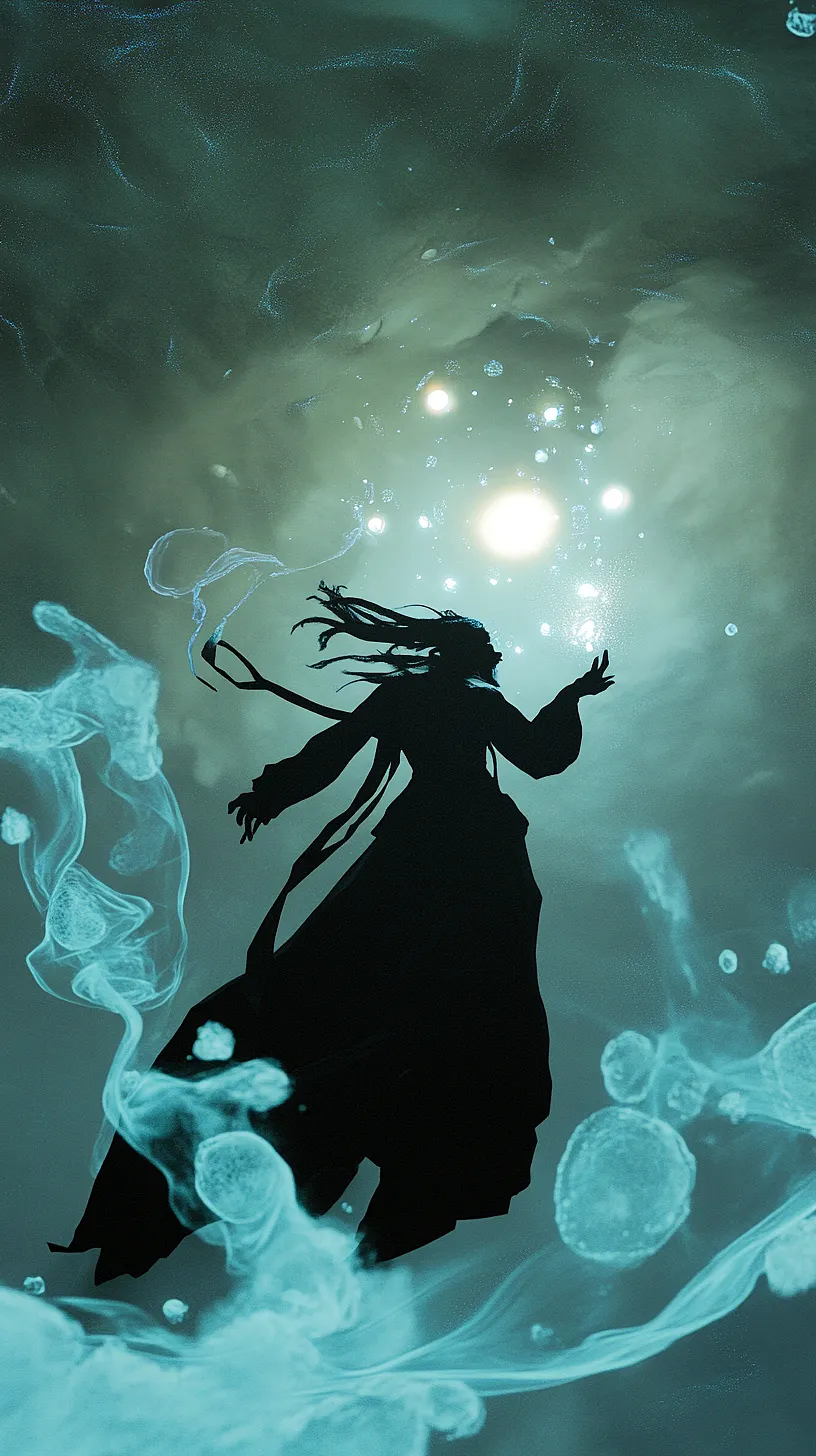 20+ Sea Witchery Villain Era Aesthetic Ideas You Need to Try 2025 5 Alt-Text: An image depicting a silhouette with flowing hair and garments reaching upwards, surrounded by swirling lights and ethereal energy patterns. An otherworldly glow illuminates from above, casting a mystical radiance over the scene, creating a surreal and unique vibe.