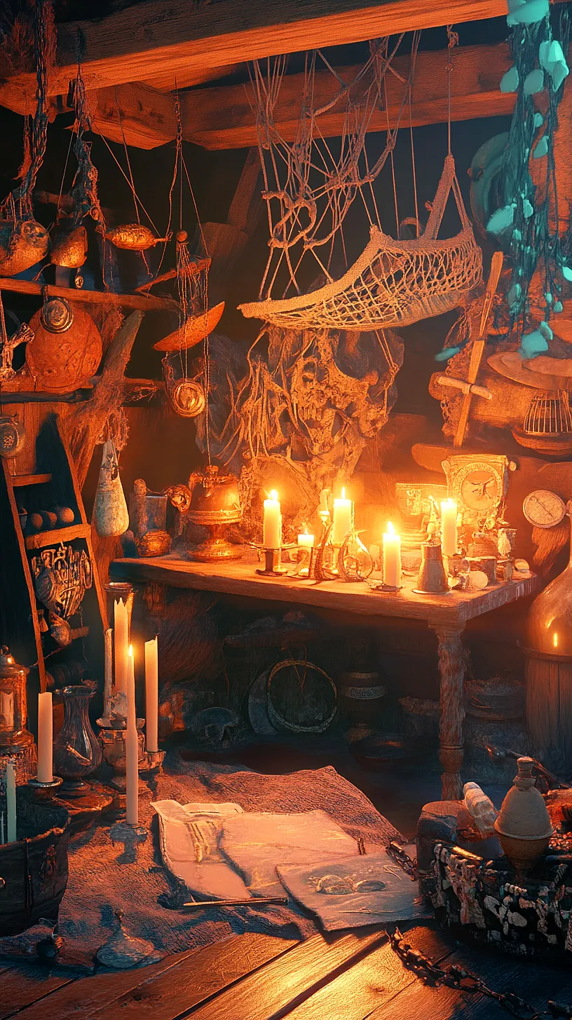 20+ Trendy Sea Witchery Wallpapers You Can't Get Around on Pinterest Right Now 11 Image of a rustic room lit by enchanting candlelight, filled with a variety of items including pottery, bottles, nets, and ropes, creating a mysterious, nautical ambiance evocative of history and warmth.