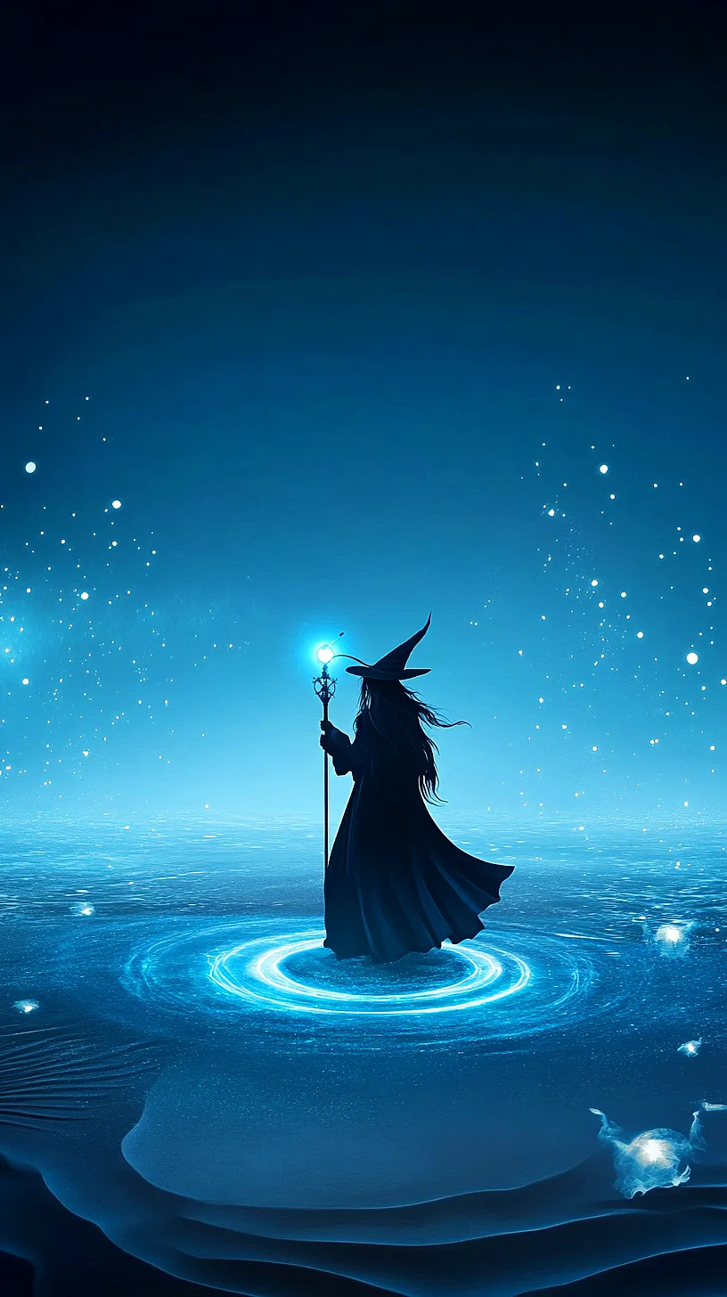 20+ Trendy Sea Witchery Wallpapers You Can't Get Around on Pinterest Right Now 17 A wizard or witch standing on a glowing magical circle in a watery, blue-toned environment, holding a radiant orb with sparkling lights surrounding them, creating a mysterious and inviting fantasy atmosphere.