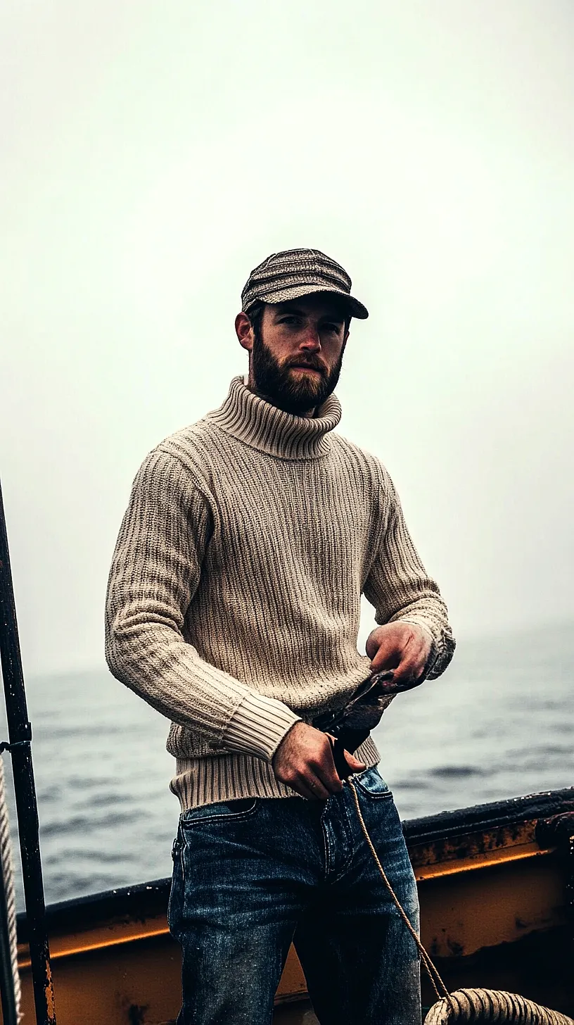 40+ Fisherman Aesthetic Outfits You'll Need To See 29 A man in casual yet prepared attire stands in front of a foggy and mysterious sea, embodying a sense of adventure and exploration. The image captures the raw beauty of the sea and strikes a balance between tranquillity and thrill, symbolizing the excitement of the unexpected.