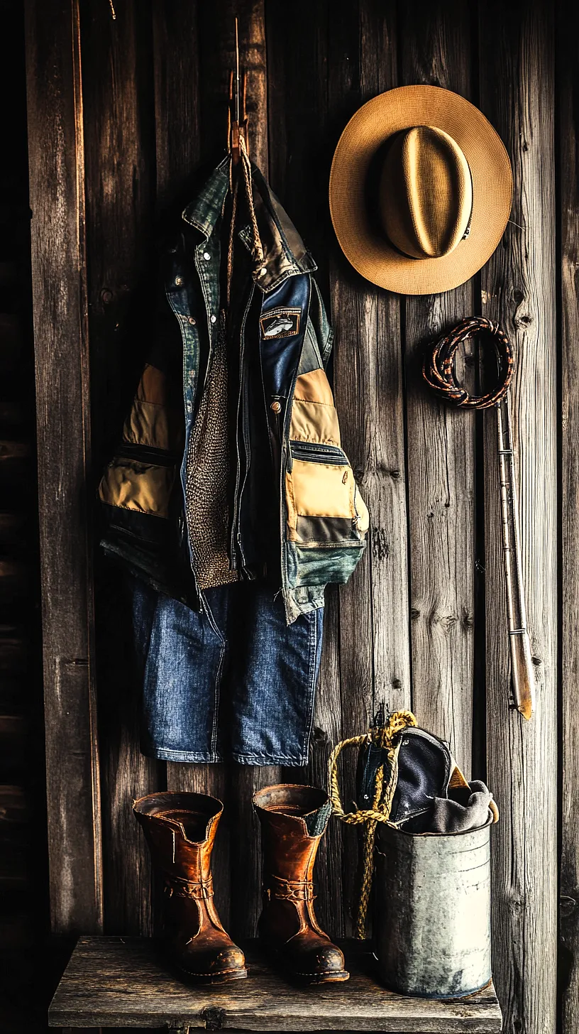 40+ Fisherman Aesthetic Outfits You'll Need To See 12 Image of a vintage and rustic style setup featuring a denim jacket with a patch, jeans and a patterned sweater hung on the wall. A tan cowboy hat, coiled whip and walking stick are also present, adding a Wild West vibe. A pair of brown leather boots and a navy bag in a metal bucket enhance the outdoorsy aesthetic of the arrangement.