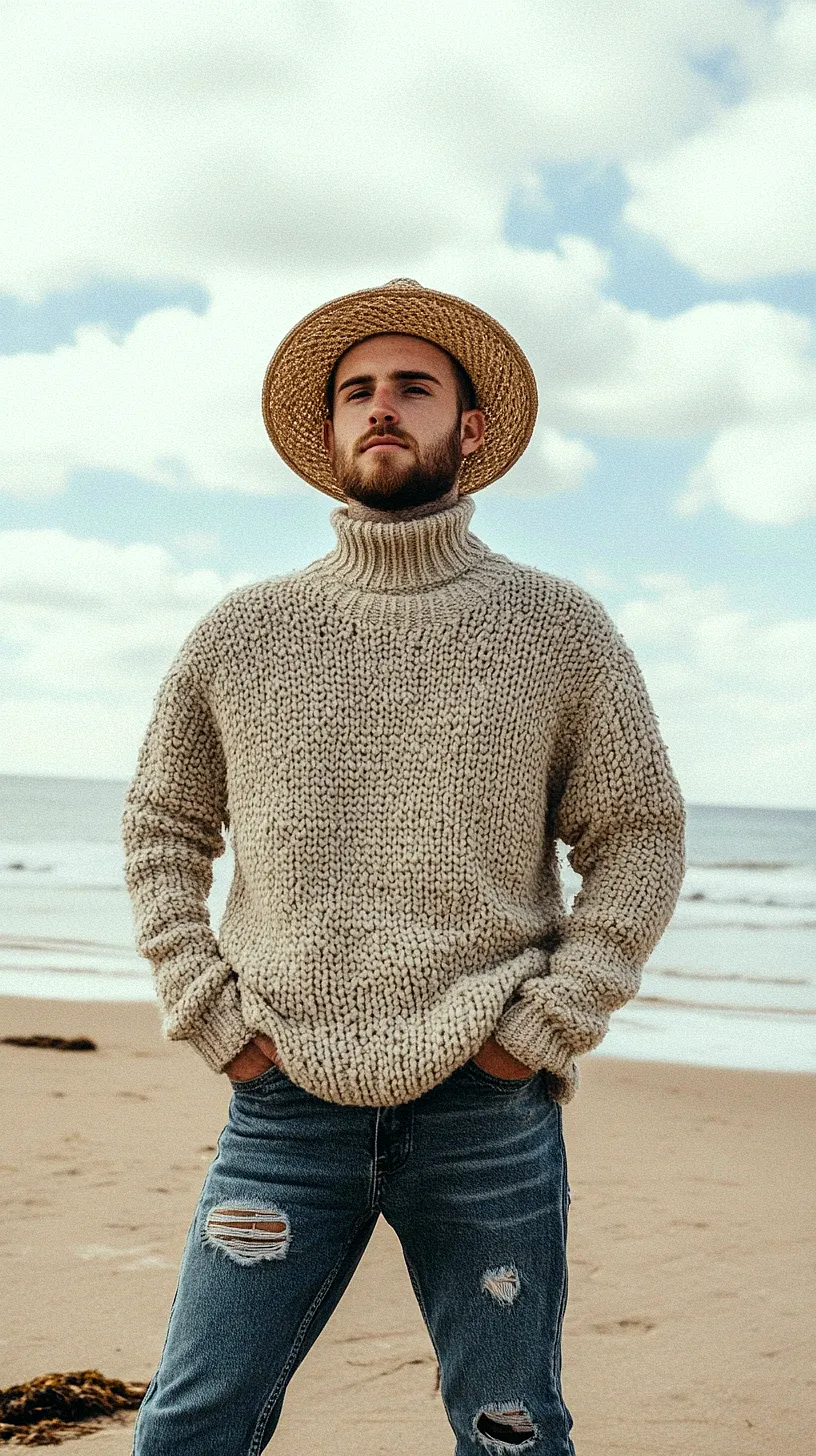 40+ Fisherman Aesthetic Outfits You'll Need To See 30 Person wearing a cozy knitted turtleneck, a straw hat and ripped jeans, embodying a carefree, adventurous spirit with a blend of beachy and warm vibes.