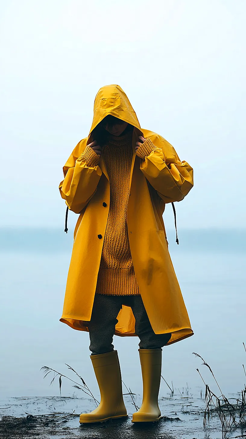 40+ Fisherman Aesthetic Outfits You'll Need To See 5 Person wearing a bold yellow raincoat and boots, standing near water on a foggy day, with a cozy knitted sweater underneath. The outfit creates a striking contrast with the dreary weather, symbolizing a touch of sunshine on a cloudy day.