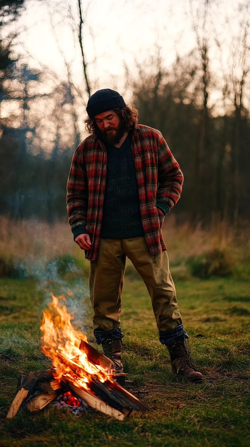 40+ Fisherman Aesthetic Outfits You'll Need To See 35 Image of an outdoor enthusiast dressed in a stylish plaid jacket, beanie, and boots, standing amidst bare trees in an early morning or late evening setting, evoking a sense of adventure, mystery, and connection with nature.