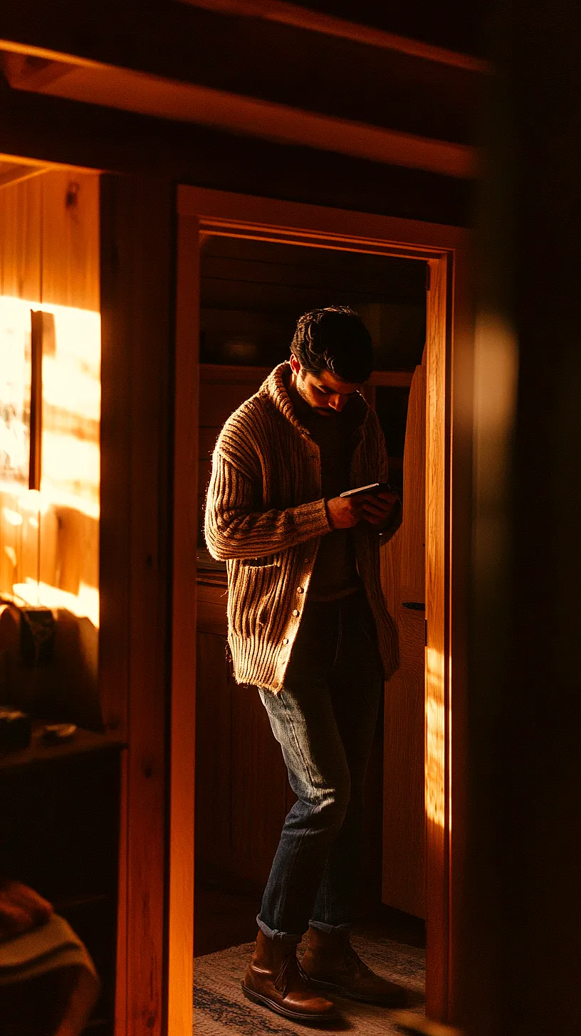 40+ Fisherman Aesthetic Outfits You'll Need To See 19 Person in a thick knitted cardigan and boots, engrossed in their smartphone in a cozy, rustic room with warm light reflecting off wooden walls.