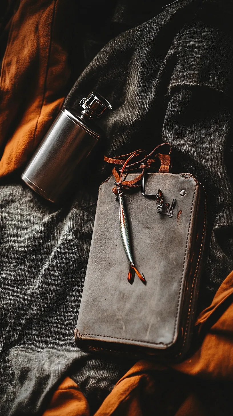 40+ Fisherman Aesthetic Outfits You'll Need To See 16 Image of a metallic flask, leather wallet, and a unique fishing lure keychain set on a textured fabric background, embodying a rugged, adventurous, and outdoorsy design aesthetic.