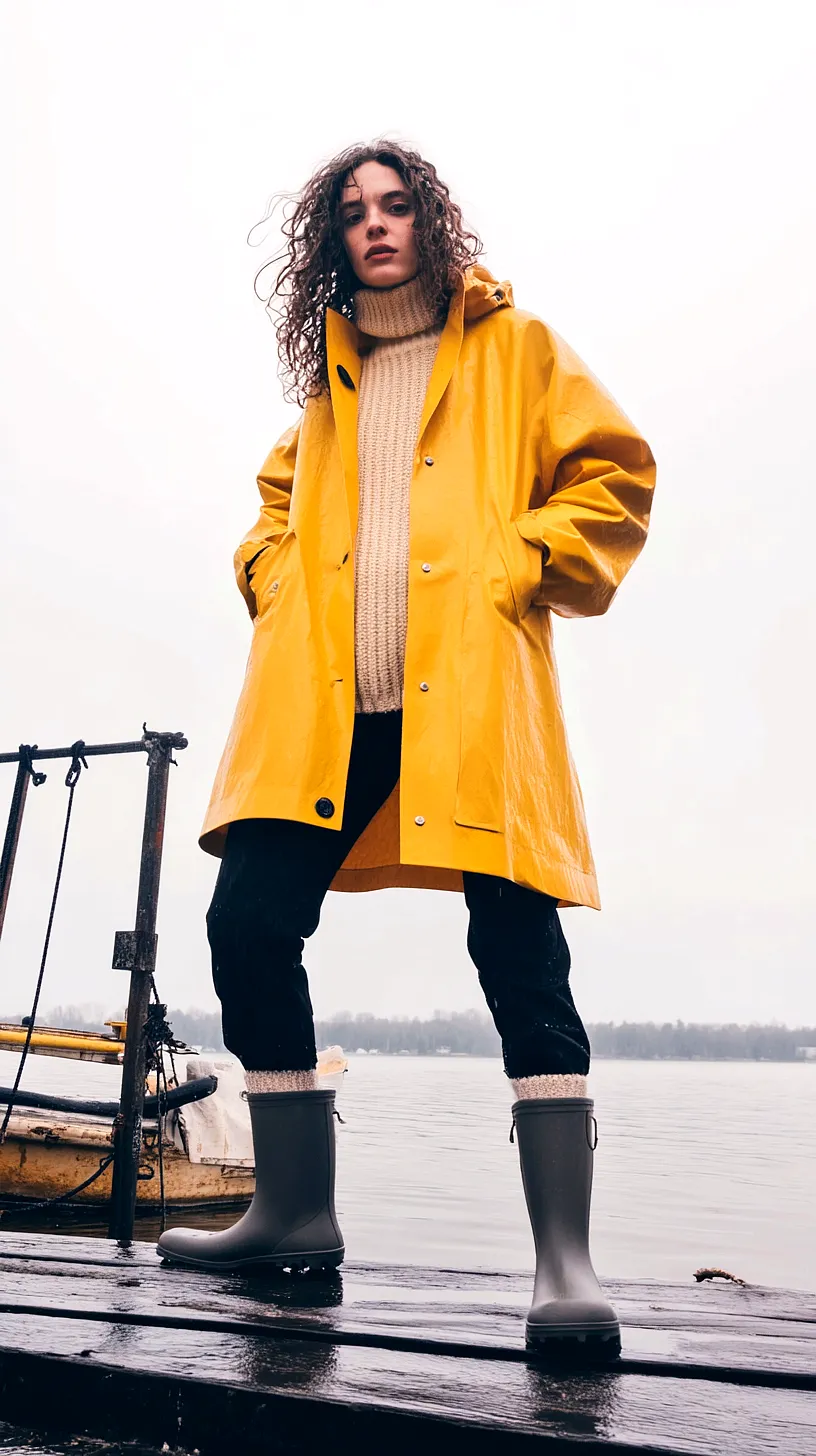 40+ Fisherman Aesthetic Outfits You'll Need To See 2 A person in a vibrant yellow raincoat stands against a backdrop of an overcast sky and water, creating a striking visual contrast that emanates a sense of calm, mystery, and adventure.