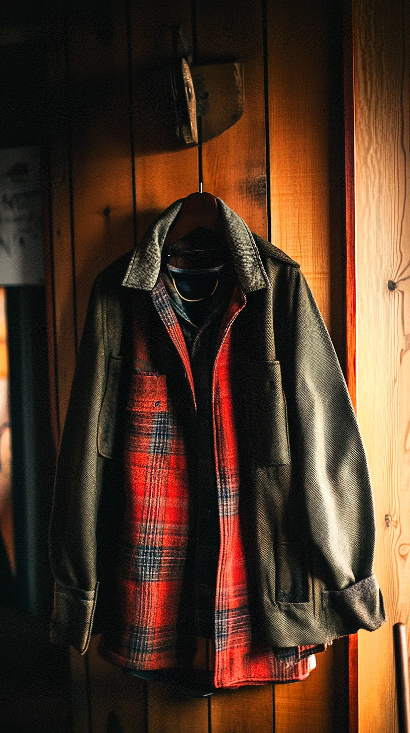 40+ Fisherman Aesthetic Outfits You'll Need To See 37 Alt-Text: A plaid flannel shirt layered with a green jacket hanging on a wooden wall, lit warmly, reflecting the rustic, cozy cabin style and emphasizing comfort and unique fashion.