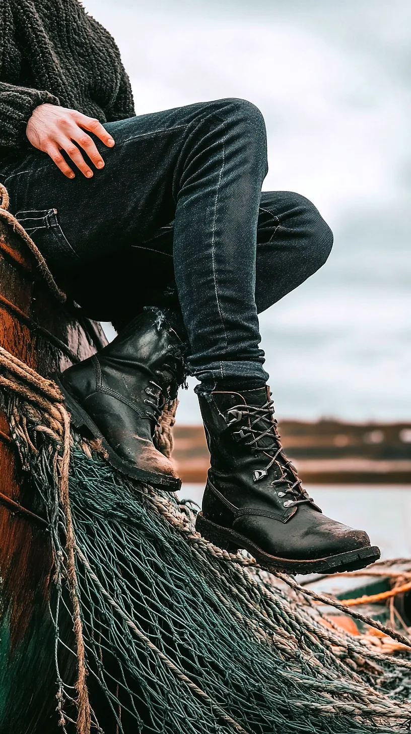 40+ Fisherman Aesthetic Outfits You'll Need To See 41 Image of a lone figure in black boots sitting on the edge of a boat with a fishing net, surrounded by a dark, moody atmosphere under an overcast sky, creating a sense of mystery and intrigue.