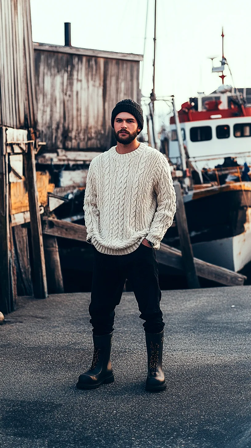 30+ Fisherman Fashion Ideas - The Latest Trend on TikTok 4 A person standing on a dock dressed in a knitted sweater, black pants, boots, and a beanie, with wooden structures and a fishing boat in the background, enhancing the maritime vibe.
