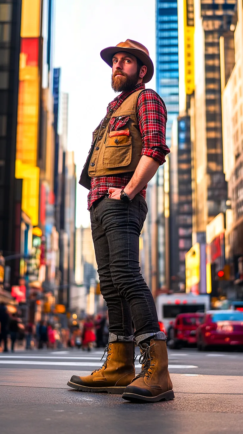 30+ Fisherman Fashion Ideas - The Latest Trend on TikTok 6 A man in rural-style clothing including a red plaid shirt and brown vest, standing among tall urban buildings, creating a unique blend of city and country aesthetics.