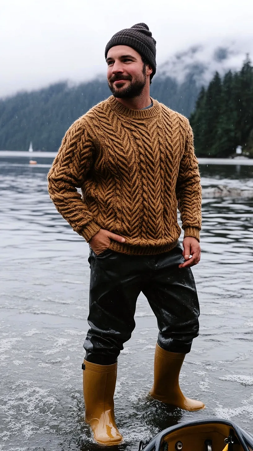 30+ Fisherman Fashion Ideas - The Latest Trend on TikTok 3 A person wearing a brown cable-knit sweater, black pants, and a dark beanie standing prominently against a moody, misty backdrop of hills and a cloudy body of water, creating a dramatic contrast.
