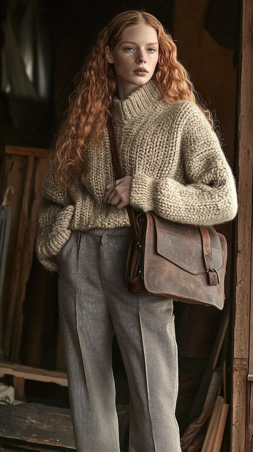 30+ Fisherman Fashion Ideas - The Latest Trend on TikTok 25 Frau mit langen, lockigen Haaren trägt einen dicken Strickpullover und hohe Taille-Hosen, die einen coolen, Vintage-Look ausstrahlen. Sie hat eine braune Leder-Umhängetasche, die dem Outfit eine rustikale Note verleiht.