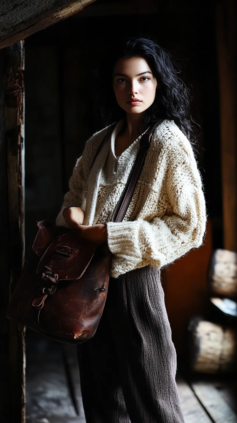 30+ Fisherman Fashion Ideas - The Latest Trend on TikTok 24 Image of a rustic design featuring a chunky knit sweater and a leather bag. Intriguing play of light and shadow adds a dramatic flair. Wooden elements contribute to a warm and inviting feel.