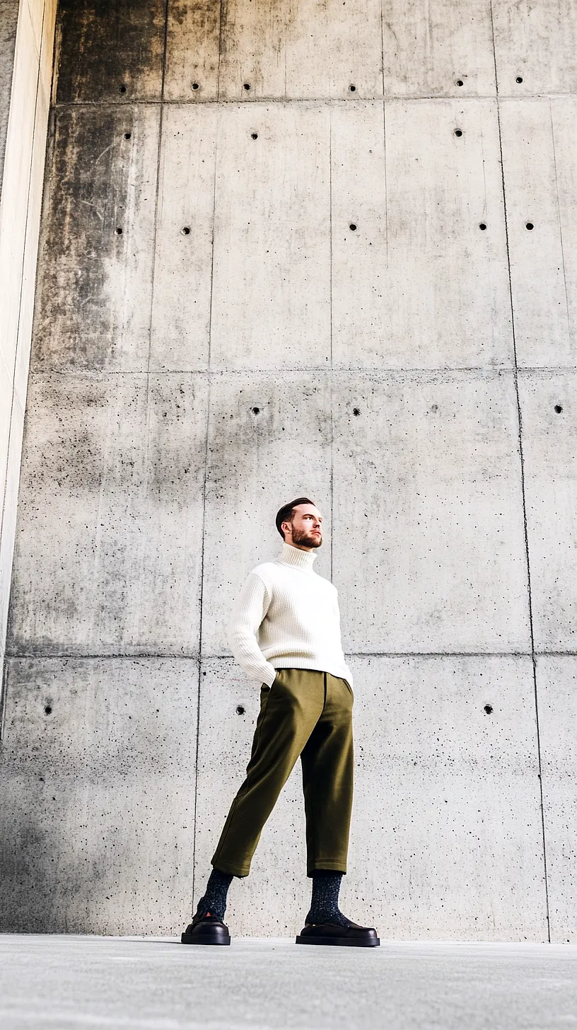 30+ Fisherman Fashion Ideas - The Latest Trend on TikTok 17 Image of a person wearing a clean white sweater and olive green pants against a raw, concrete wall, encapsulating an undefined, urban and minimalistic style.