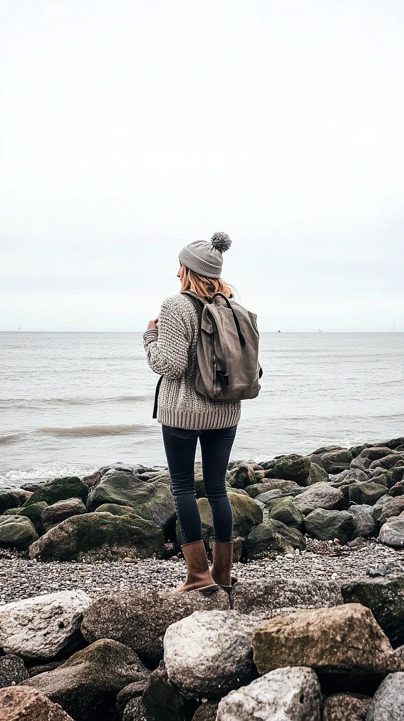 30+ Fisherman Fashion Ideas - The Latest Trend on TikTok 10 Image of a person wearing a knitted hat and sweater, standing on rugged terrain overlooking an expansive ocean with an undefined horizon, symbolizing a sense of adventure and self-discovery.