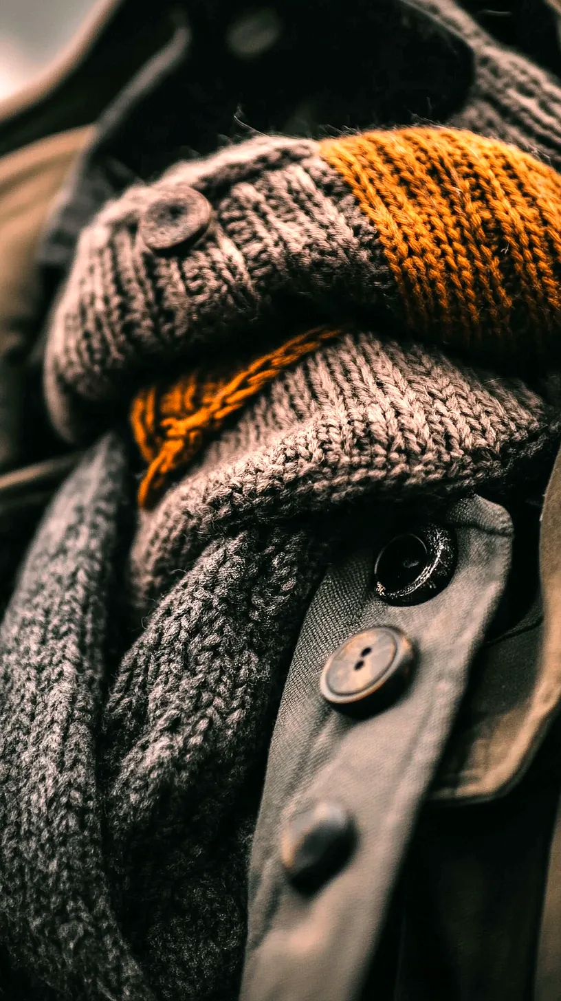 30+ Fisherman Fashion Ideas - The Latest Trend on TikTok 28 Image of a stylish layered outfit featuring a knitted sweater and scarf in earthy gray and mustard tones, with visible buttons adding unique detail, representing a perfect blend of comfort and chic style.