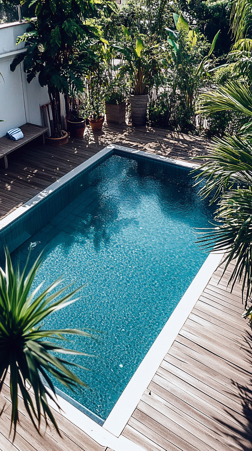 Above ground pool with clear blue water and visible steps, warm wooden deck, lush tropical plants, and a bench with a folded towel.