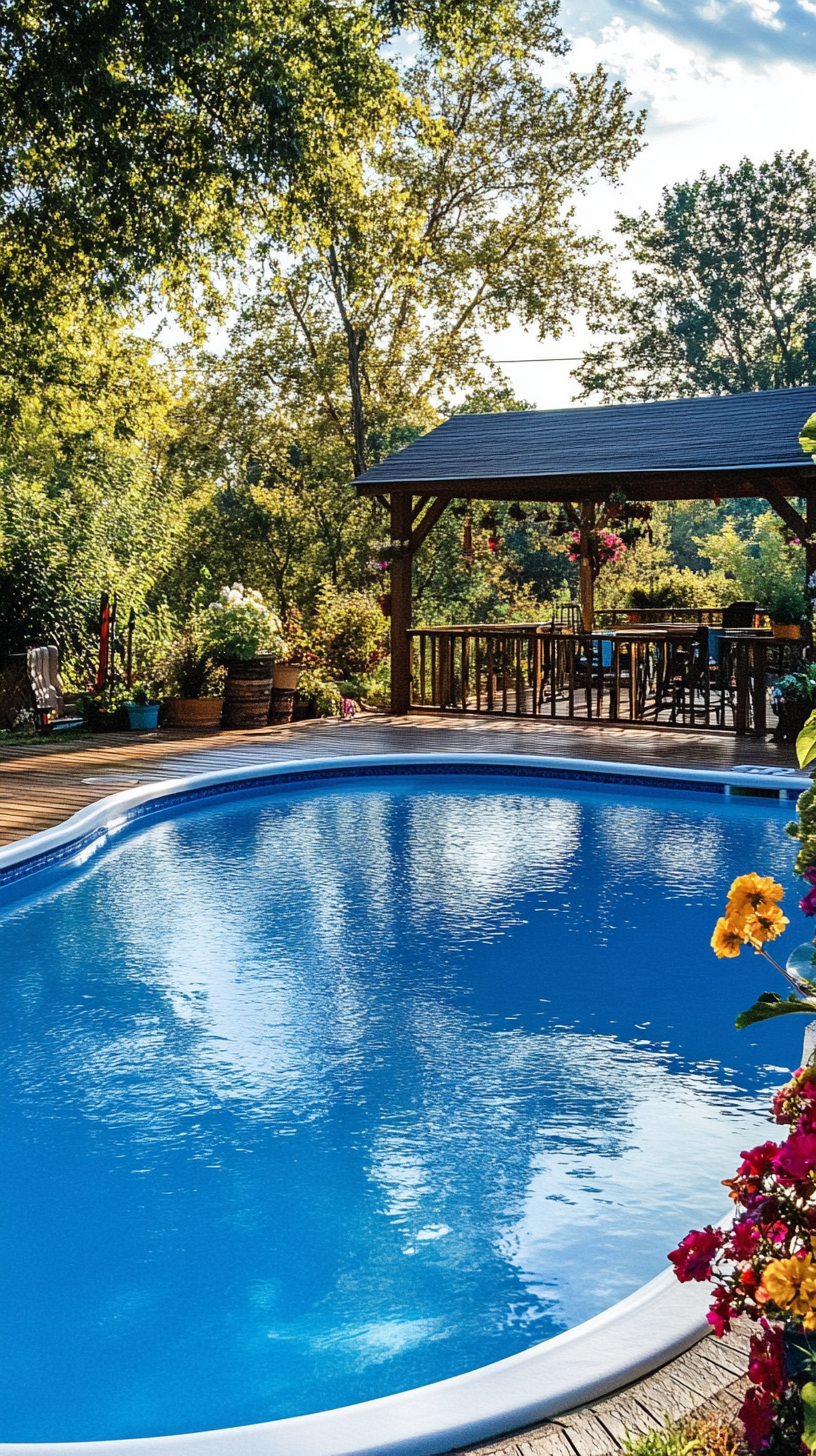 Sunlit backyard with a bright blue above ground pool framed by a warm wooden deck, colorful flowers along the edge, and a shaded pergola with cozy seating.