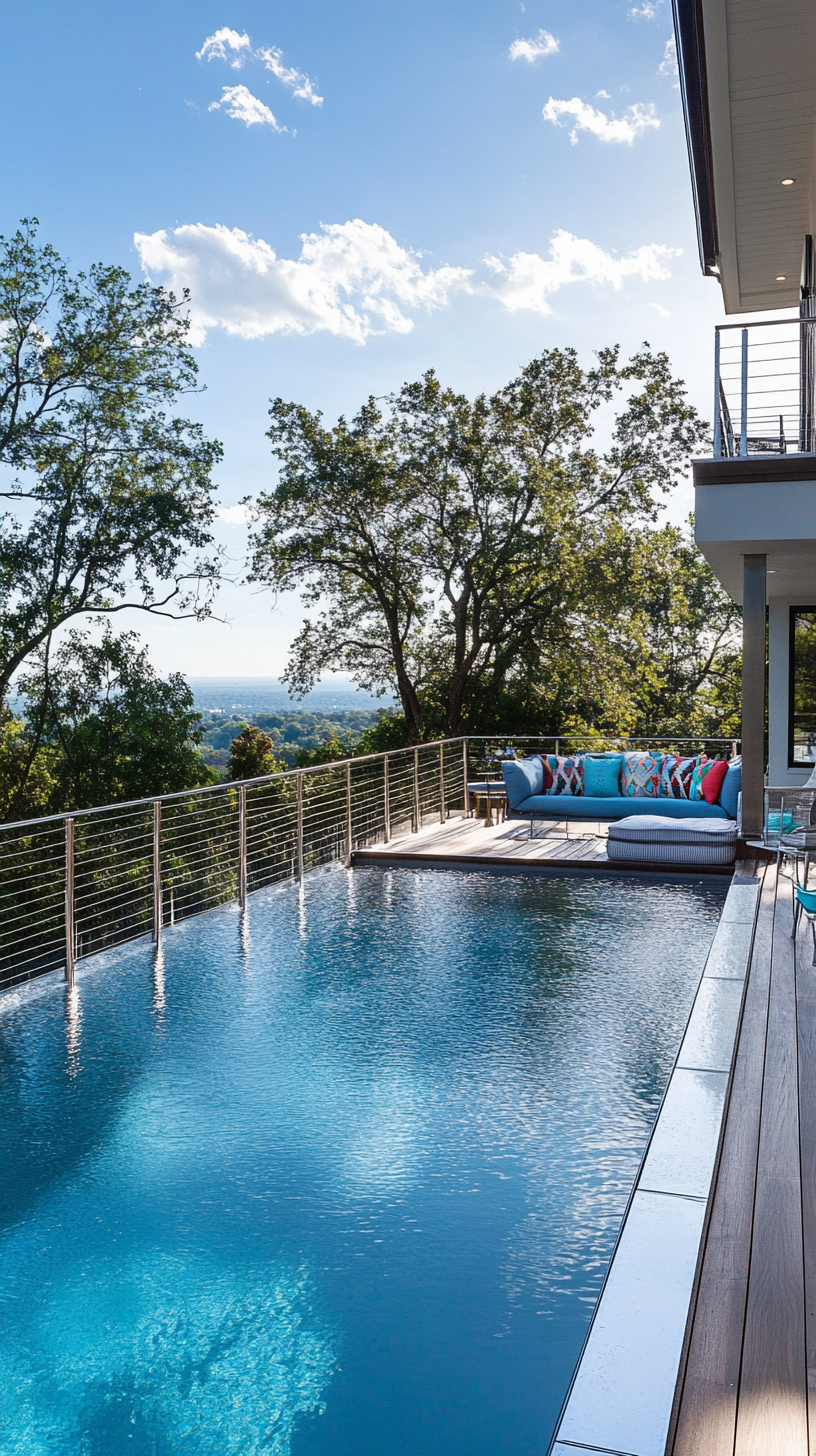 Sunlit above ground deck with an infinity edge pool mirroring the sky, warm wood decking, metal cable railing, and a cozy blue sofa with colorful pillows, overlooking a distant landscape.
