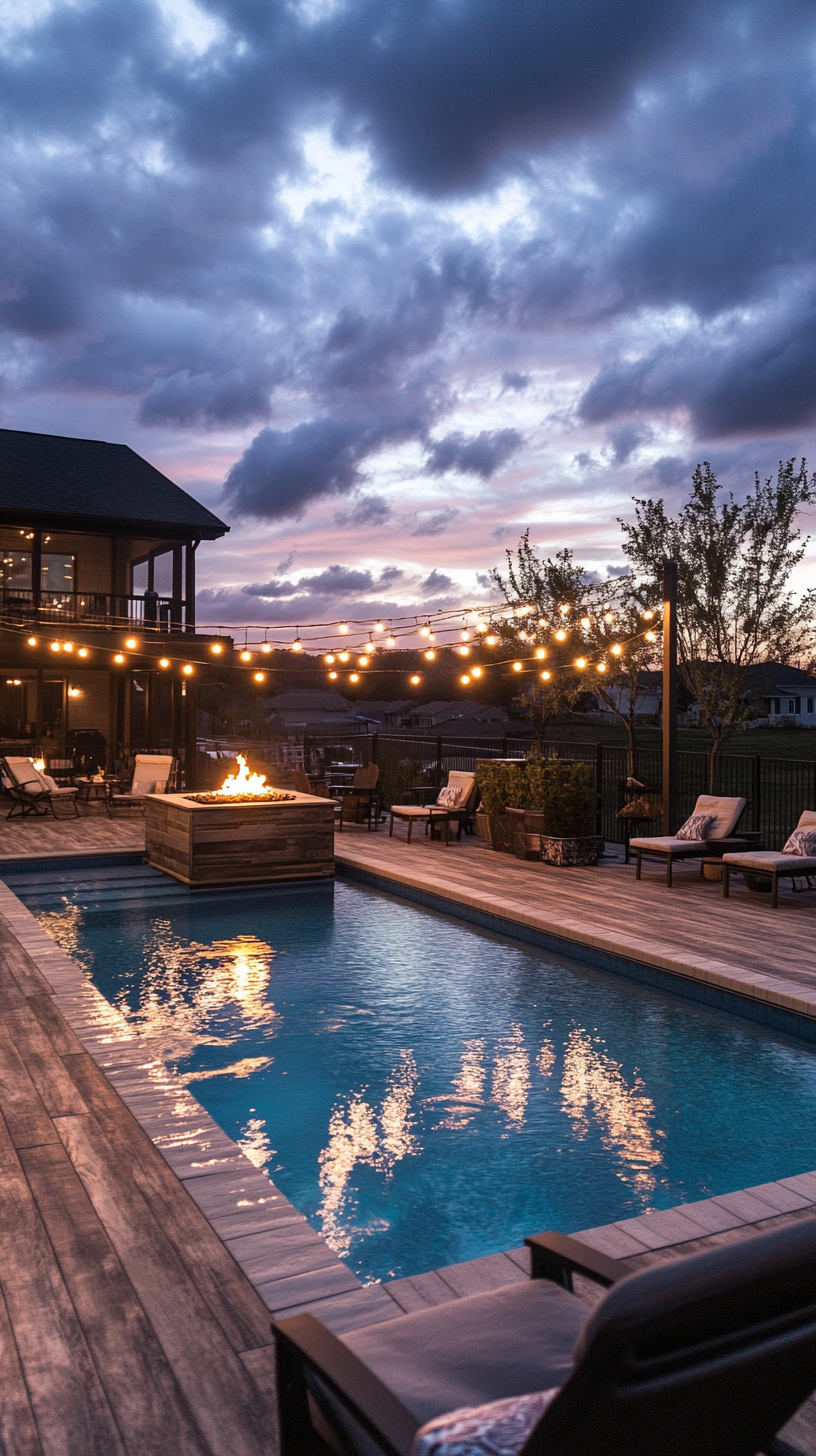 Backyard at dusk with an above ground pool enclosed by a raised wooden deck, warm string lights and a fire feature, purple and pink sky reflected on calm water, and cushioned seating creating a cozy lounge vibe.