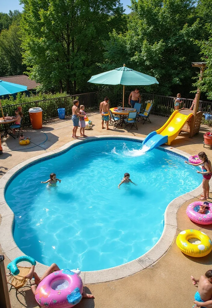 Above Ground Pool Deck Ideas That Make the Shell Work 7 Family above ground pool deck with slide umbrellas and safety rail