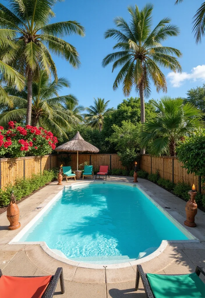 Above Ground Pool Deck Ideas That Make the Shell Work 4 Tropical above ground pool deck with palms bamboo fence and shade hut