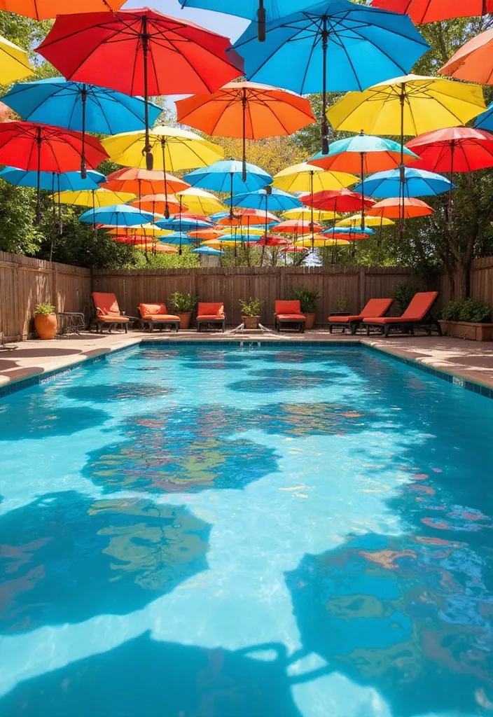 Above Ground Pool Deck Ideas That Make the Shell Work 17 Colorful umbrella shade over above ground pool deck lounge area