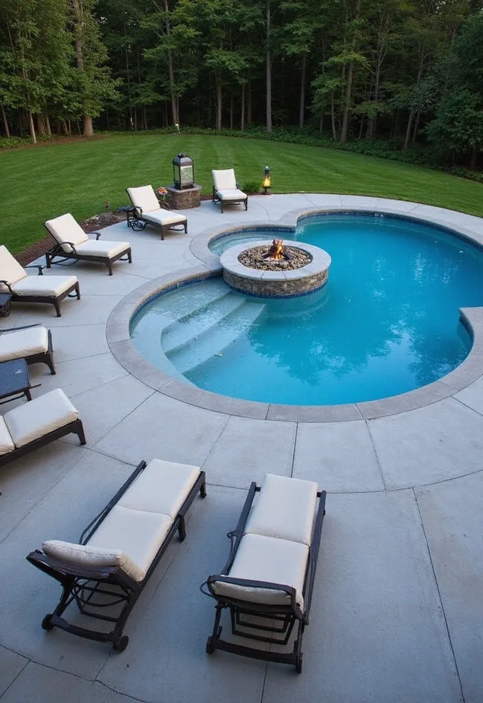 Above Ground Pool Deck Ideas That Make the Shell Work 3 Curved above ground pool deck with fire bowl and chaise lounges