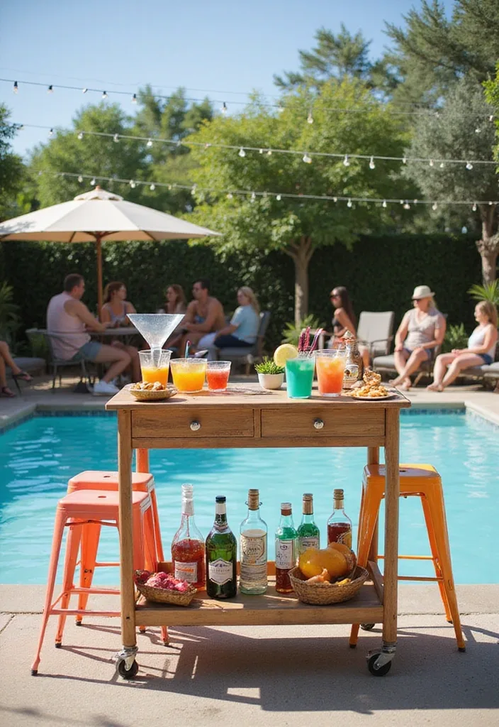 Above Ground Pool Deck Ideas That Make the Shell Work 14 Poolside bar idea with stools and drink ledge near water