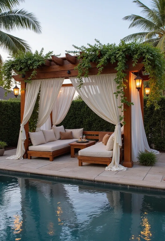 Above Ground Pool Deck Ideas That Make the Shell Work 8 Pergola lounge beside pool deck with white curtains and climbing vines