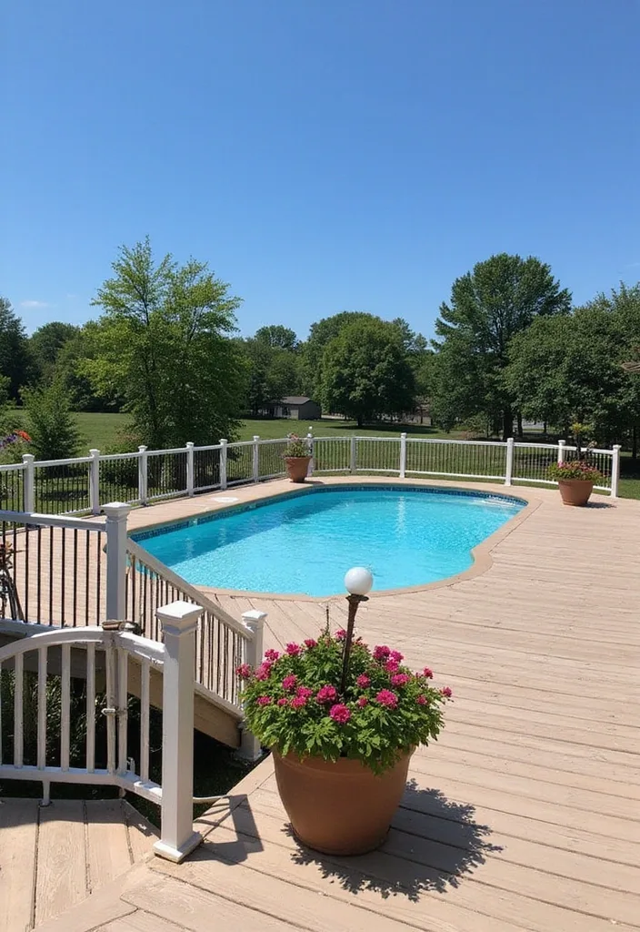 Above Ground Pool Deck Ideas That Make the Shell Work 6 Raised above ground pool deck with white railing and entry stairs
