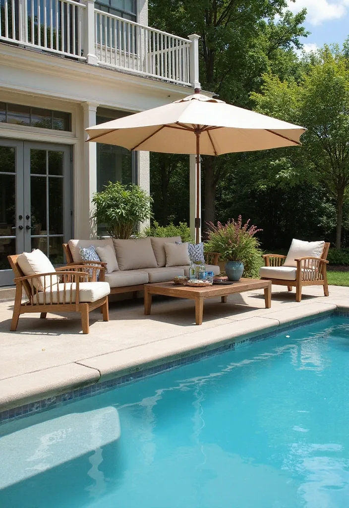 Above Ground Pool Deck Ideas That Make the Shell Work 12 Chic poolside seating cluster under umbrella beside clean deck edge