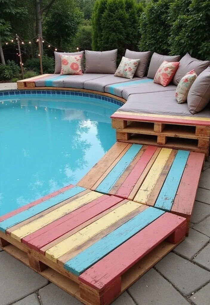 Above Ground Pool Deck Ideas That Make the Shell Work 9 DIY pallet pool deck bench and colorful painted step platform