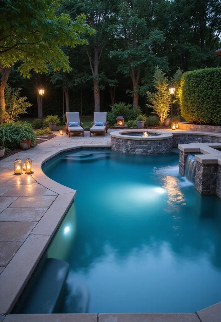 Above Ground Pool Deck Ideas That Make the Shell Work 10 Night pool deck with spa spillover lanterns and lit lounge edge